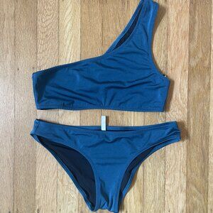 Solid and striped one shoulder Cindy bikini Small teal blue